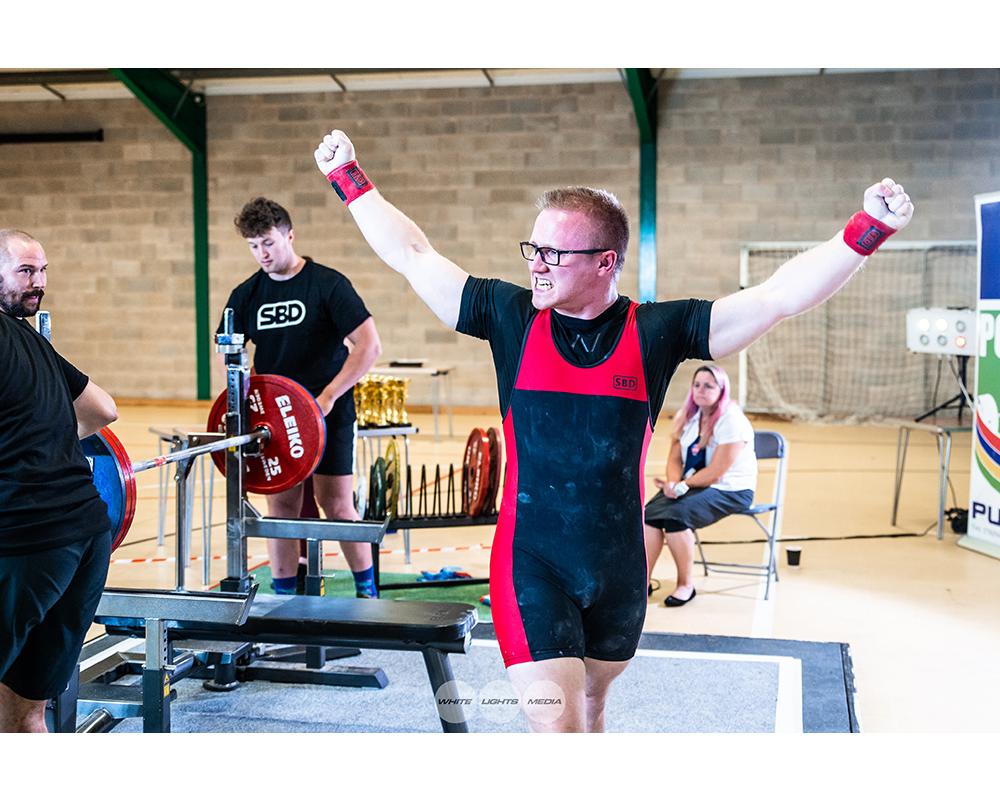 Andrew celebrates winning the British Bench Press championships for the second year running