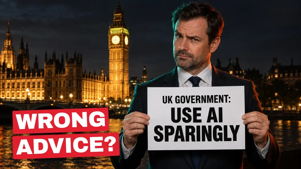 The video's thumbnail: a man in a suit stands on the Thames at night in front of the Houses of Parliament, holding a sign that reads 'UK Government: use AI sparingly', beside the words 'Wrong advice?'