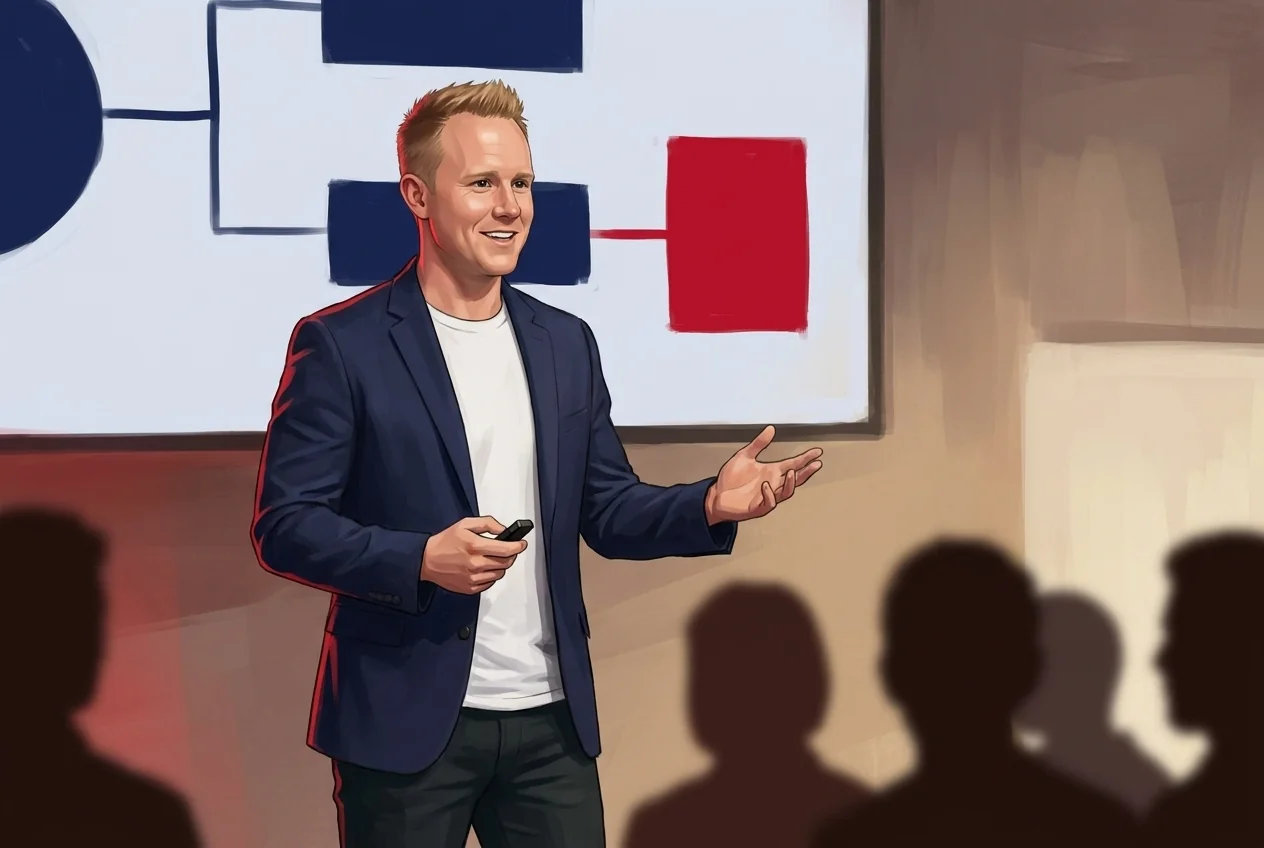 Illustration of Andrew on stage giving a keynote, gesturing to the audience with a presentation clicker in hand