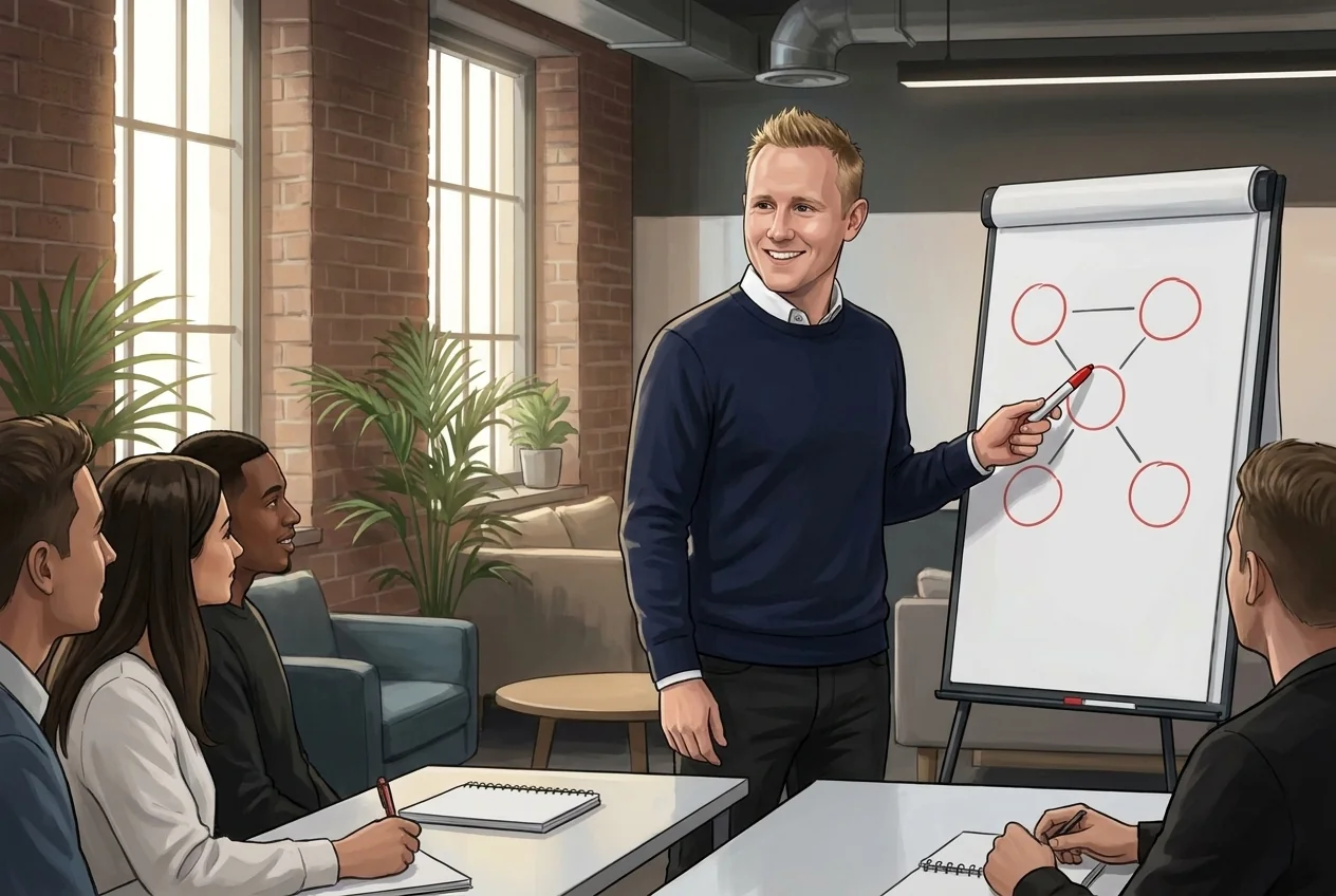 Illustration of Andrew leading a small workshop, pointing at a flip chart of five connected circles while attendees take notes
