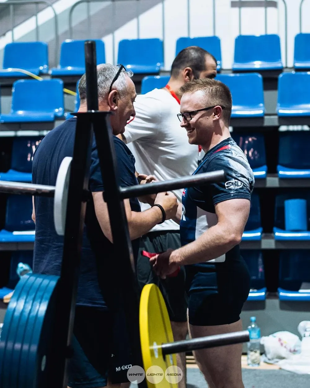 Jakey and Andrew having a celebratory chat in the warm-up area after the performance