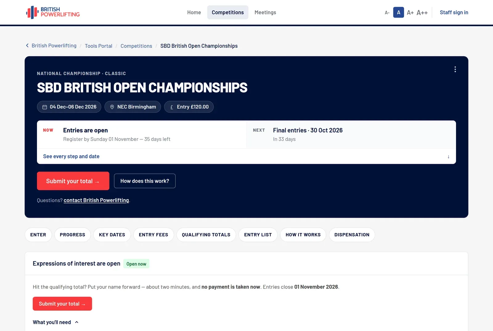 Screenshot: the SBD British Open Championships 2026 page on the British Powerlifting Tools Portal, showing the dates, venue, entry fee, that entries are open, and a Submit your total button