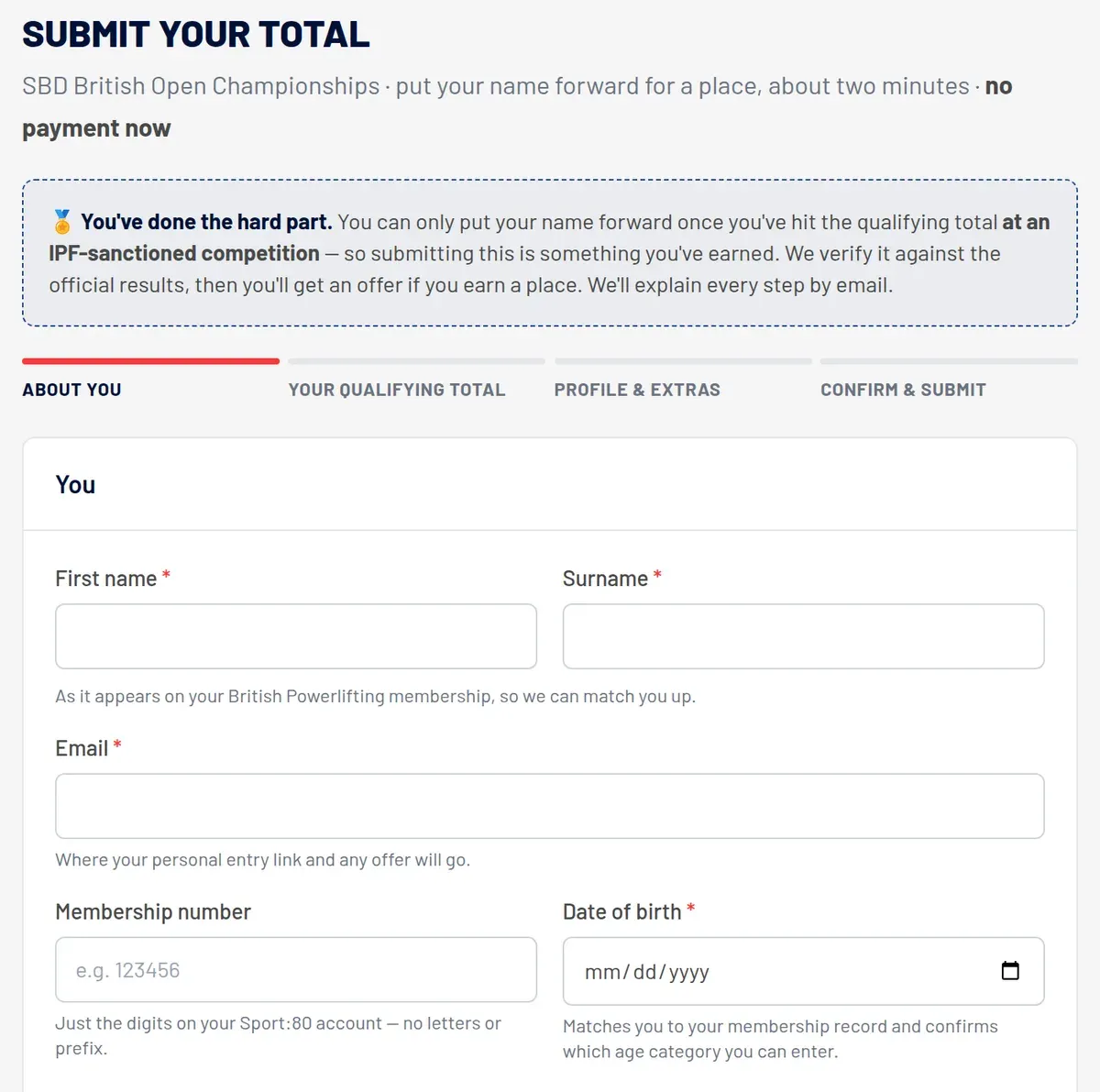 Screenshot: the first step of the Submit your total form for the SBD British Open Championships, asking for name, email, membership number and date of birth, with a note that totals are verified against official results