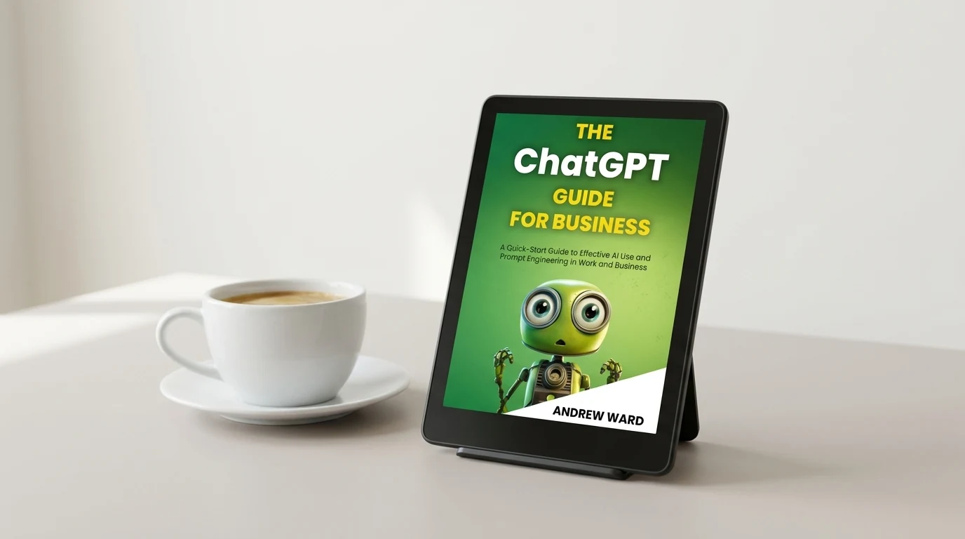 Illustration: The ChatGPT Guide for Business on an e-reader beside a cup of coffee