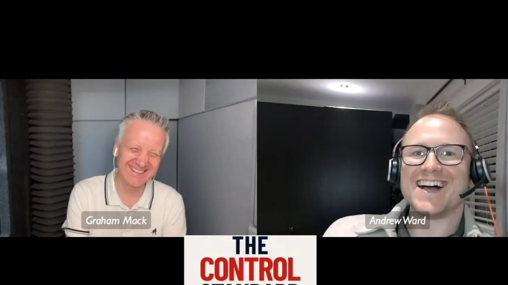 Graham Mack and Andrew Ward laughing on a video call, with the cover of The Control Standard between them