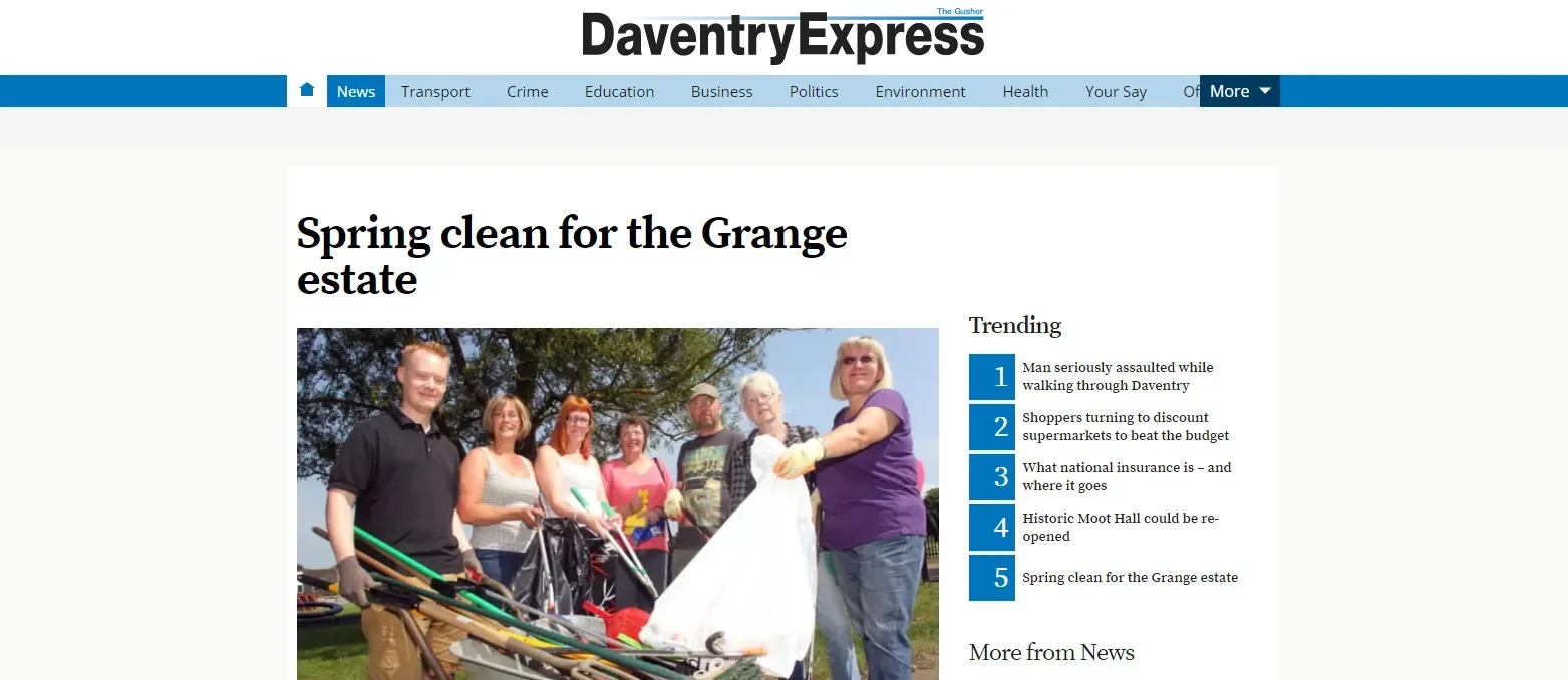 A Daventry Express article headlined “Spring clean for the Grange estate”, with a photo of volunteers holding litter pickers and rubbish bags