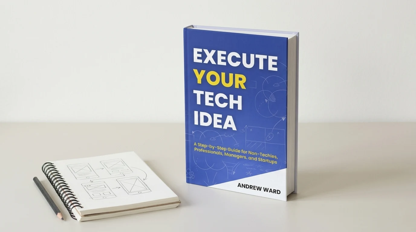 Illustration: Execute Your Tech Idea standing on a desk beside a notebook of app wireframe sketches