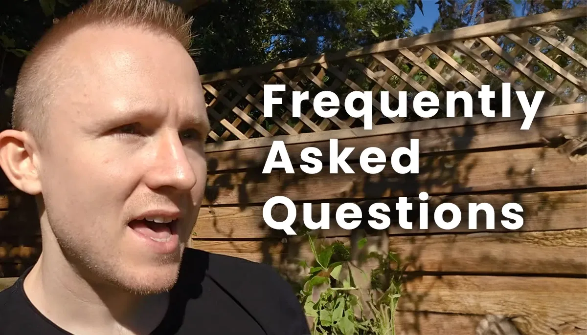 Andrew talking to the camera in his garden next to the words ‘Frequently Asked Questions’