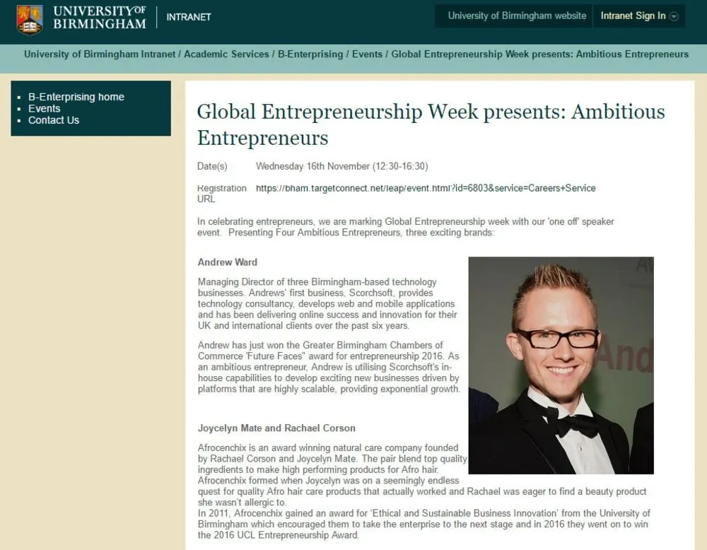 The University of Birmingham intranet page ‘Global Entrepreneurship Week presents: Ambitious Entrepreneurs’, with Andrew’s profile and photo followed by Joycelyn Mate and Rachael Corson of Afrocenchix