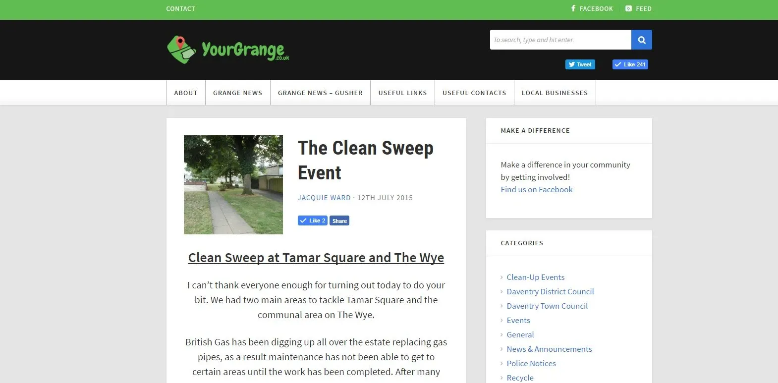 The YourGrange.co.uk website showing “The Clean Sweep Event”, a post by Jacquie Ward dated 12 July 2015 about a clean-up at Tamar Square and The Wye