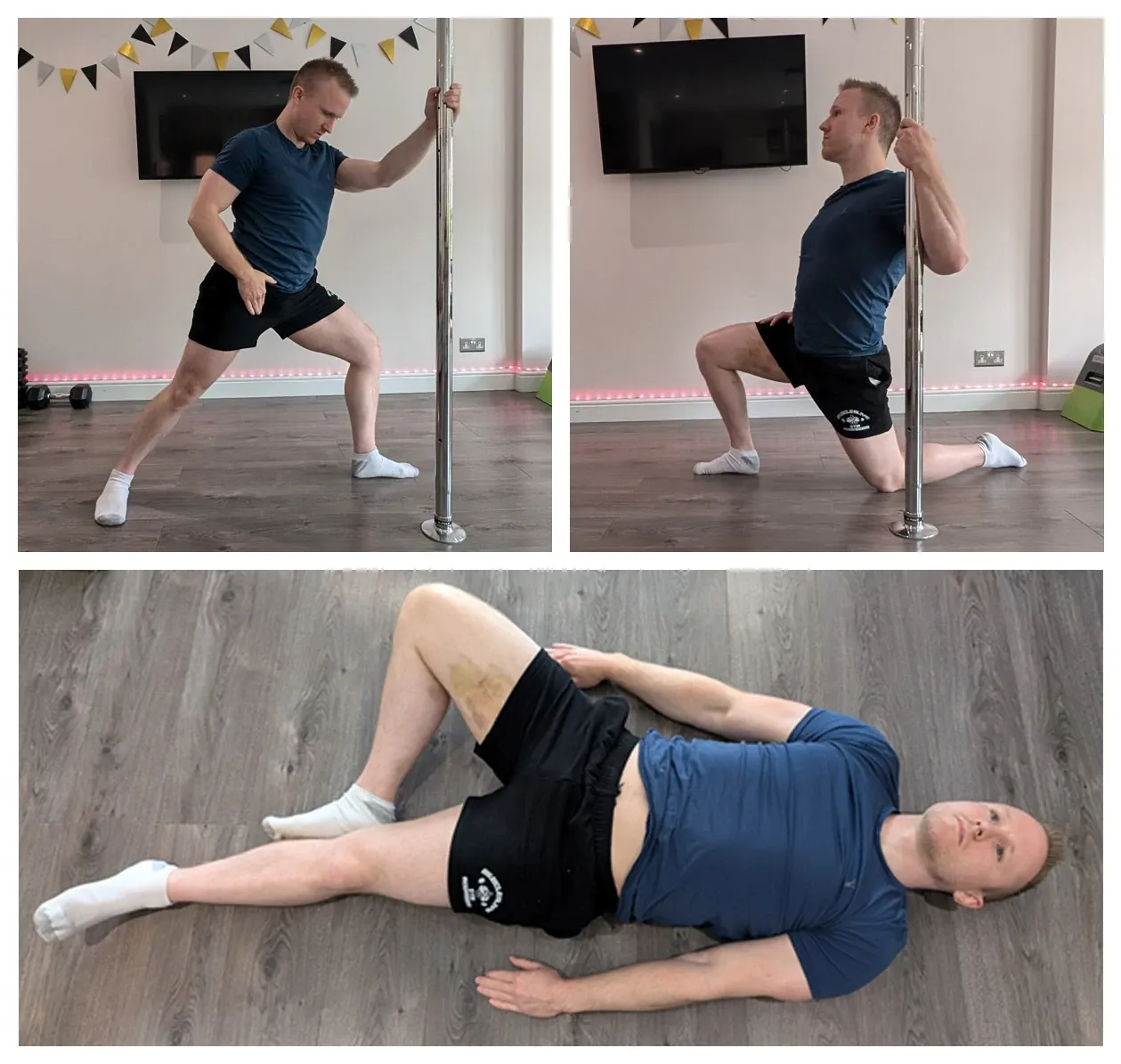 Three photos of groin stretches: a standing side lunge holding a pole, a kneeling lunge holding a pole, and lying on the back with one knee bent and dropped to the side