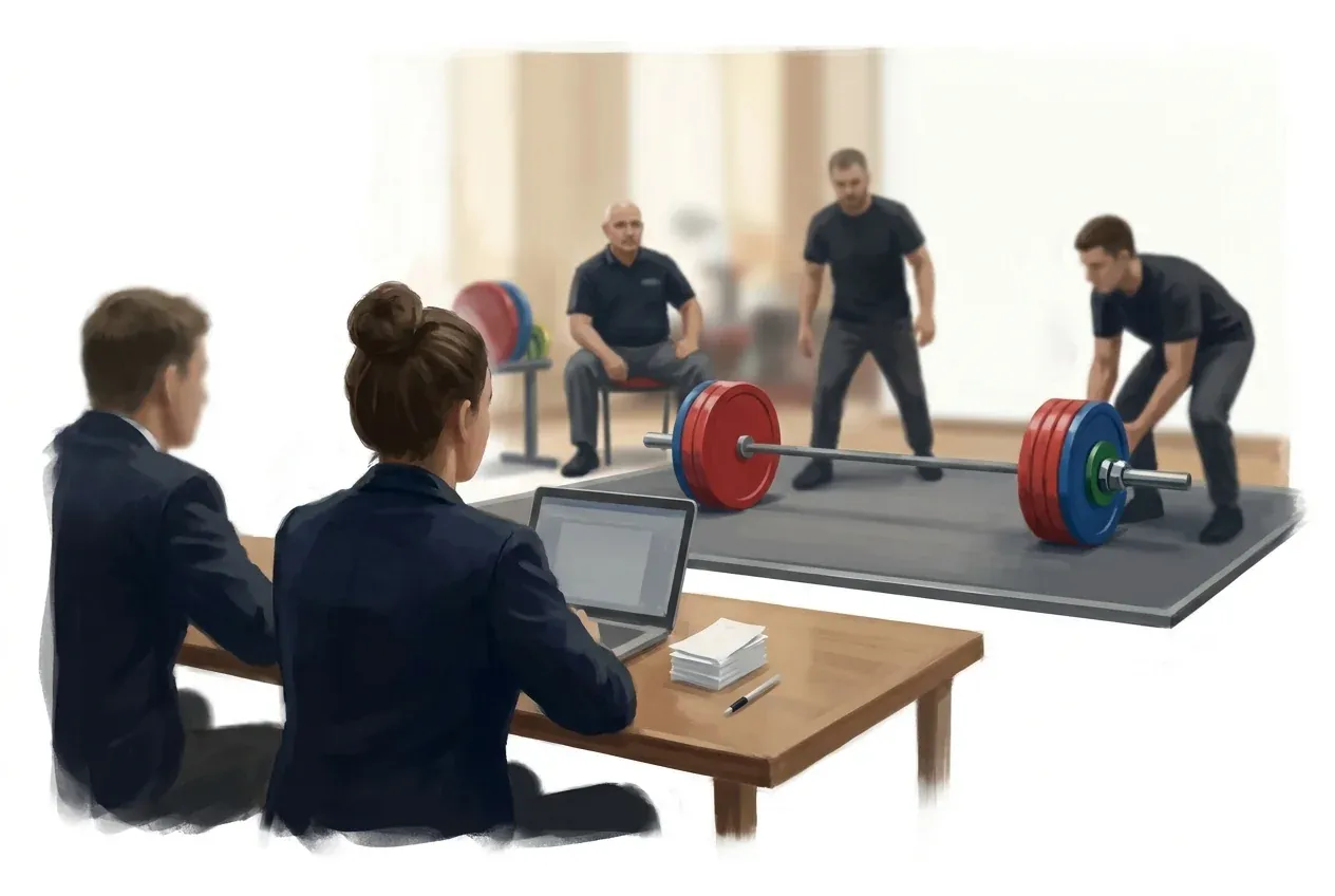 Illustration: two volunteers at a competition table with a laptop and a stack of attempt slips, watching loaders set up a barbell on the platform while a referee sits beside it