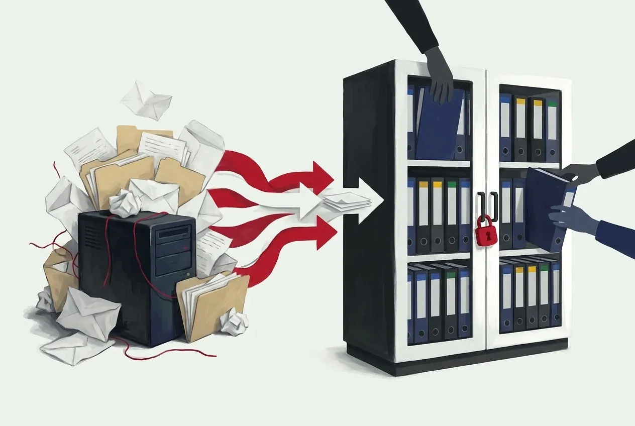 Illustration: a pile of loose envelopes, folders and an old server tangled in red string, with arrows carrying the paperwork into one tidy locked cabinet that several hands reach into and share