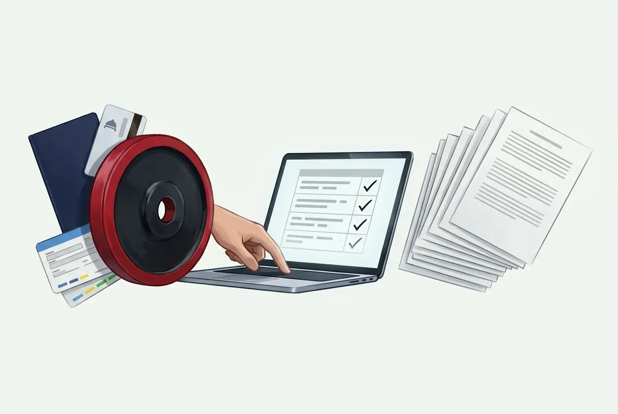 Illustration: a passport, hotel key card, boarding pass and red competition plate beside a laptop showing a ticked checklist; one key press produces a neat stack of documents