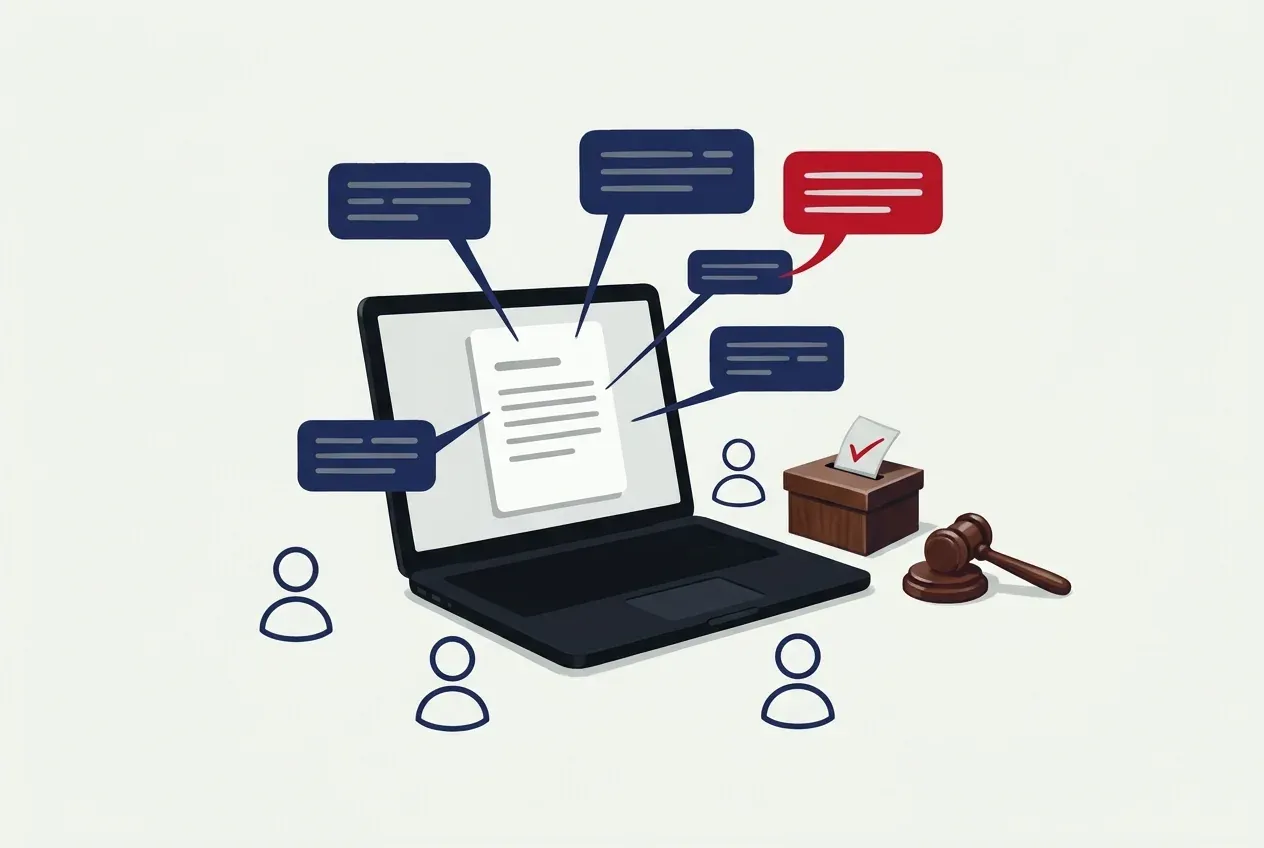 Illustration: a laptop showing a motion with threaded speech bubbles replying to each other, simple member figures around it, and a ballot box with a ticked ballot and a gavel