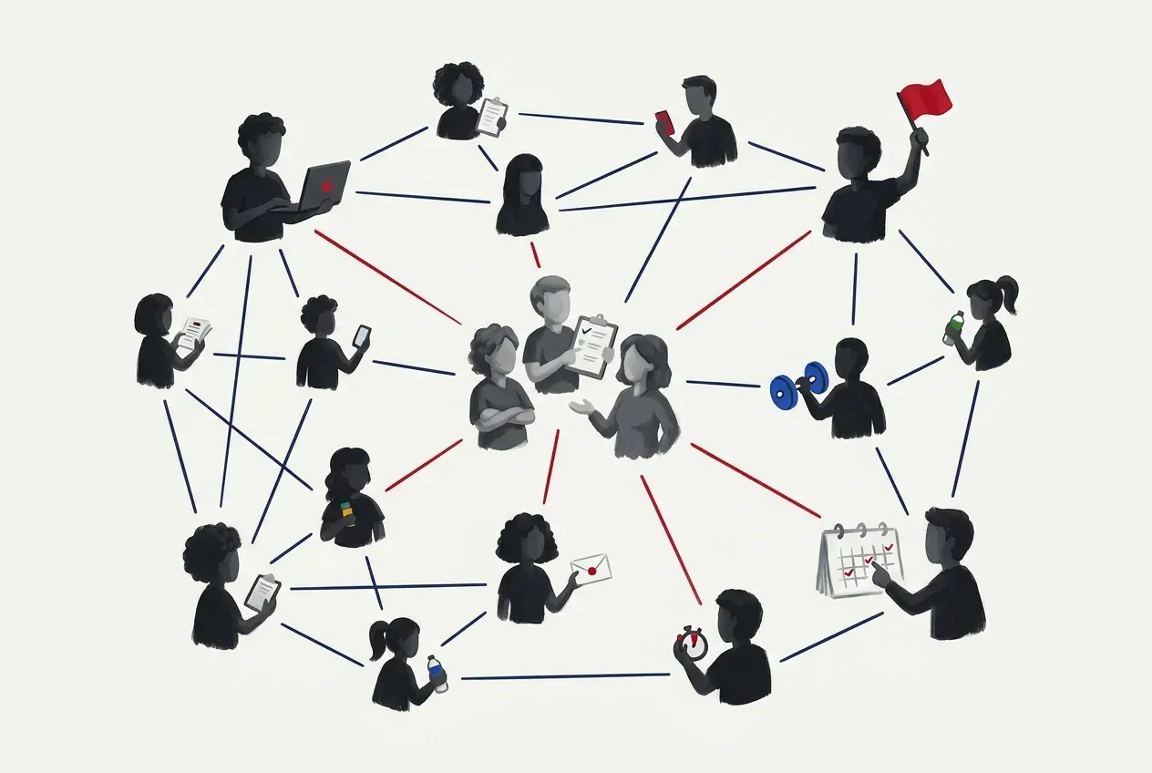 Illustration: a small leadership group at the centre of a wide web of volunteers, each holding something that shows their job, such as a laptop, a flag, a dumbbell, an envelope, a calendar or a stopwatch