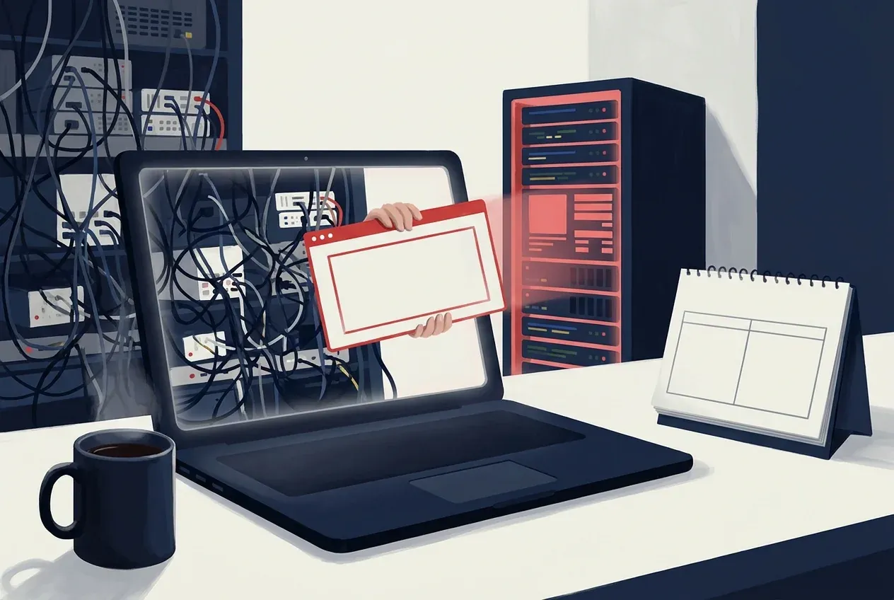 Illustration: a laptop at night beside a coffee mug and a desk calendar, with a web page being lifted out of a tangle of shared server cables and into its own server rack