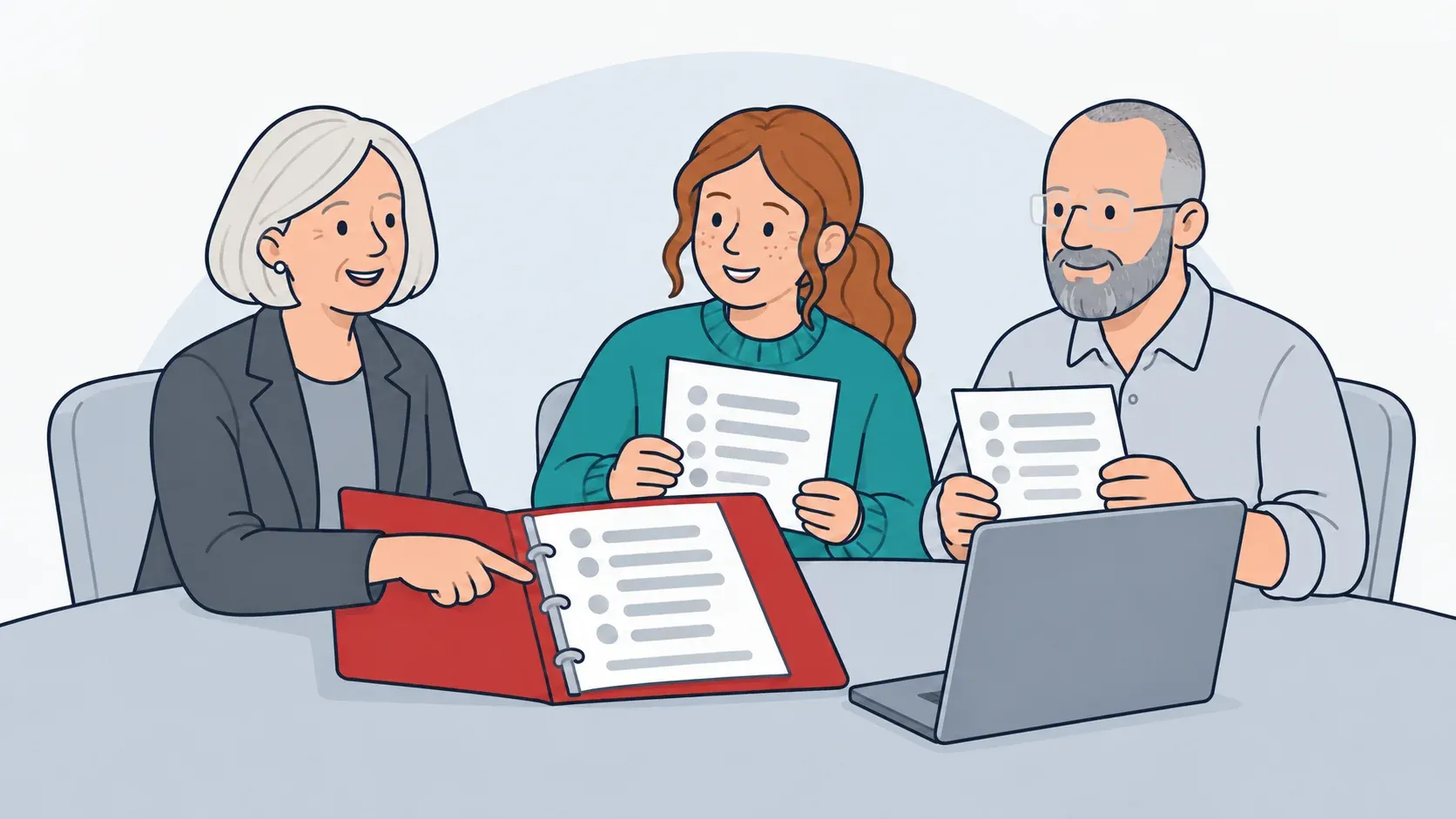 Shona, Hayley and Gareth, fictional course personas, share a master instruction folder and matching copies: a successful method becomes repeatable team practice.