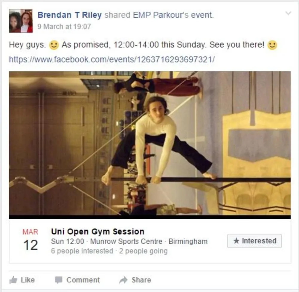 A Facebook post by Brendan T Riley sharing a Uni Open Gym Session at the Munrow Sports Centre, Birmingham, with a photo of a trickster on a bar