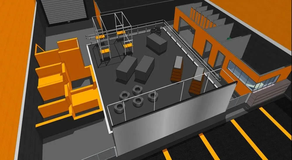 A 3D model of the planned UTX layout, with orange parkour blocks, scaffold bars, wooden vaulting boxes and tyres