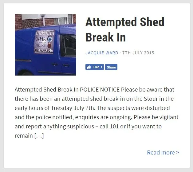 A YourGrange post by Jacquie Ward dated 7 July 2015: a police notice about an attempted shed break-in on the Stour