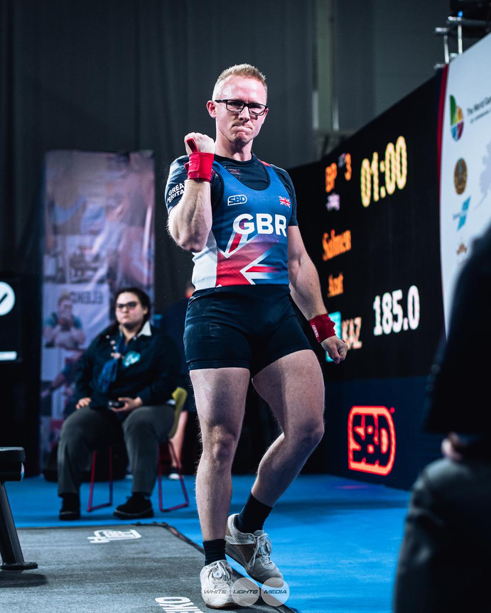 Andrew happy with his 170kg bench press at the world championships, fist pumping the air